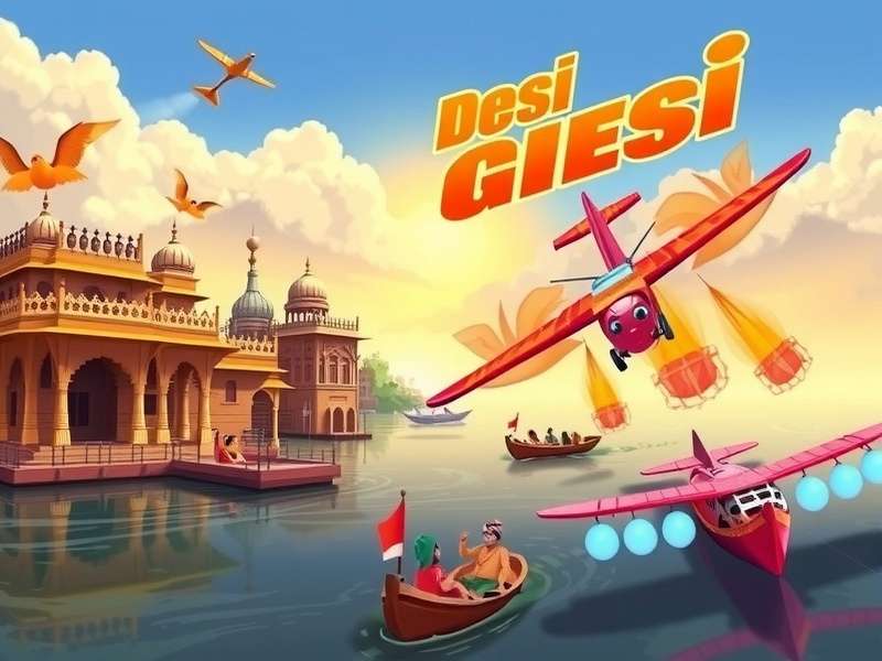 Desi Glider Flight Gameplay showing the Varanasi level with Ganges Ghats and traditional boats